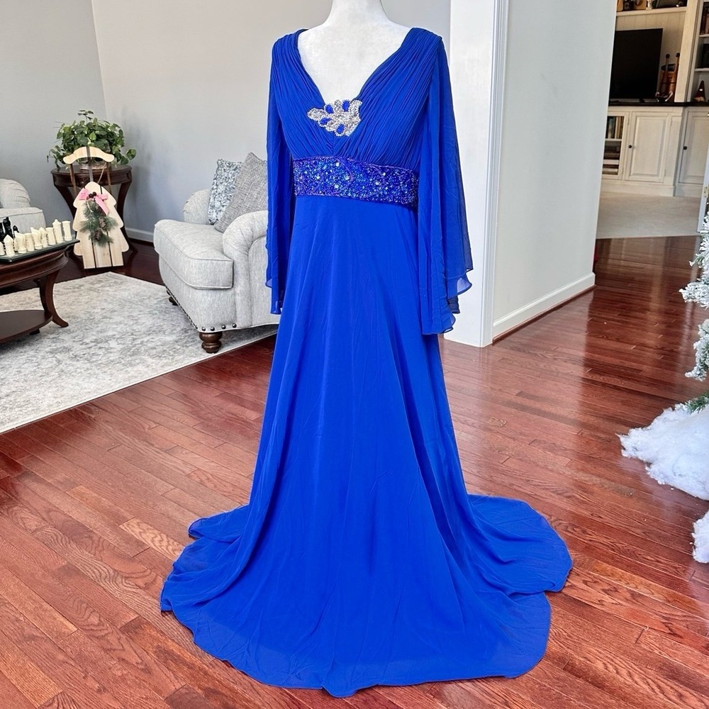 IZILADY Royal Blue Elegant Bell Sleeve Embellished Beaded Gown Dress Size Large